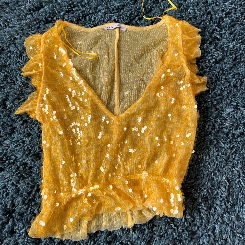 Zara size small see through ruffle sequin yellow going out top